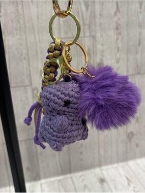 Handmade Purple Crochet Dinosaur Keychain with Pom Pom